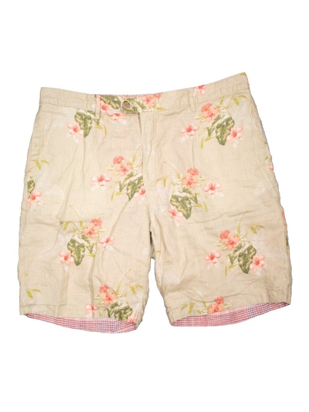 Tommy Bahama 100% Linen Shorts Floral Pattern Reversible Pink Check 40"